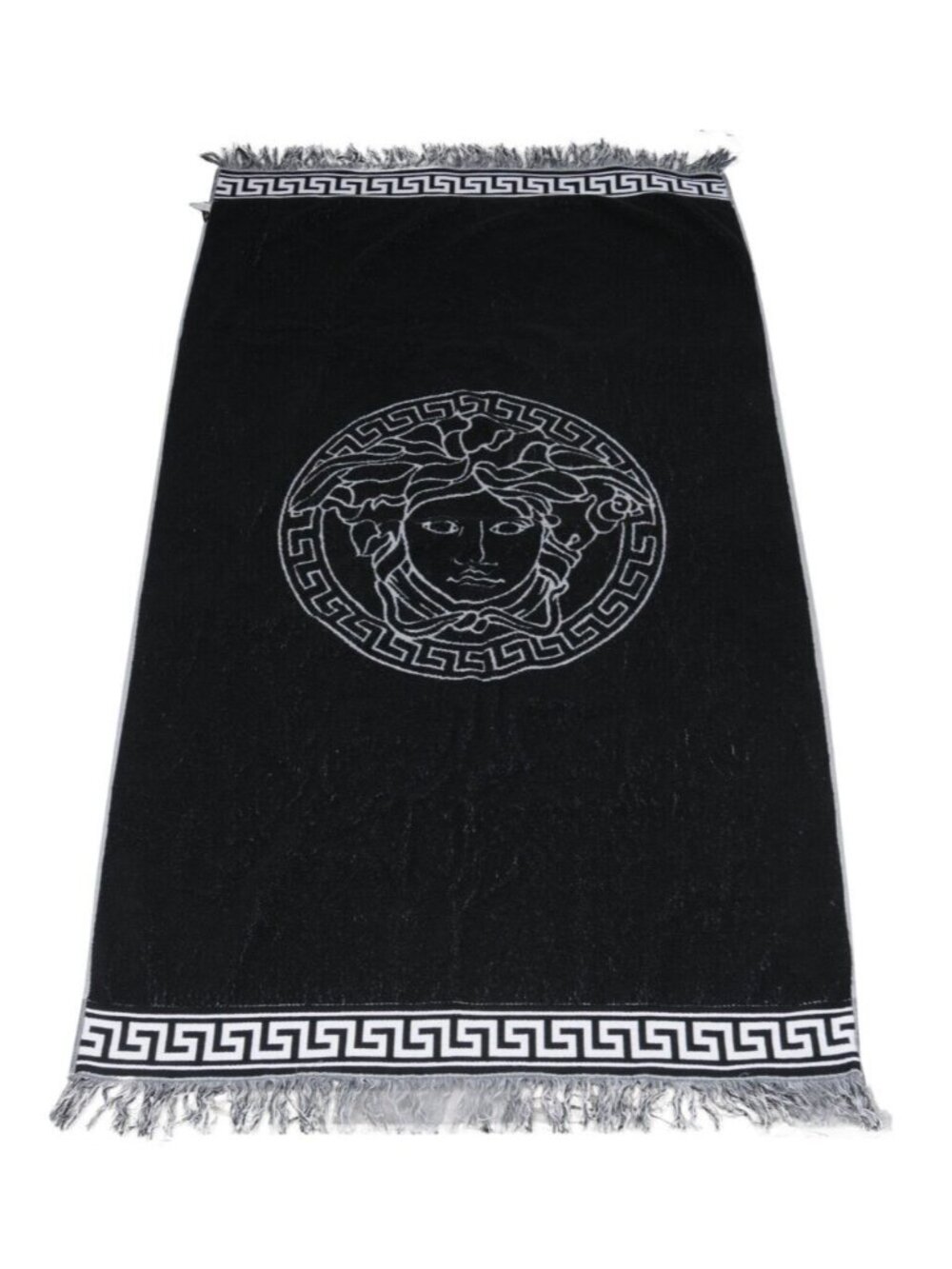 Versace Medusa Head Logo Greca Fringe Throw Blanket Black Grey Rug Shawl Baroque